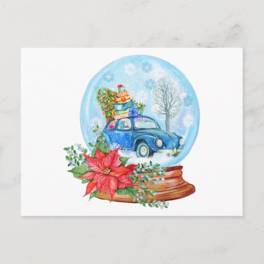 Vintage kerstauto, Poinsettia Snow Wereldbol Briefkaart (Voorkant)