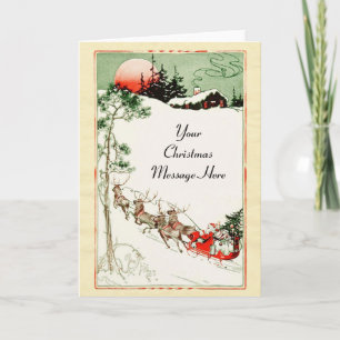 Vintage Kerstavond Kerstman, Sleigh en Rendier Feestdagen Kaart