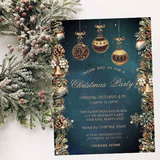 Vintage kerstballen, klokken, pinecones bedrijf kaart