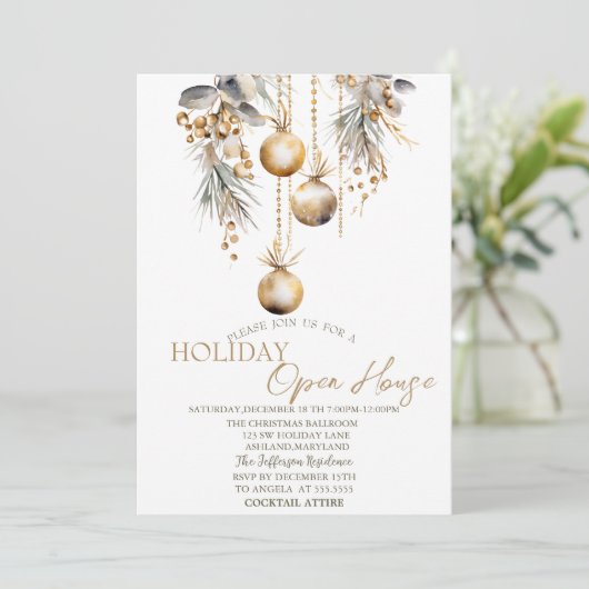 Vintage Kerstballen Vakantie Open Huis Kaart (Staand voorkant)