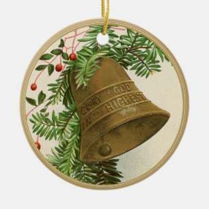 Vintage Kerstbel (Evergreen) Goud Keramisch Ornament