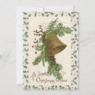 Vintage Kerstbel Evergreen Joyful Holly Feestdagenkaart