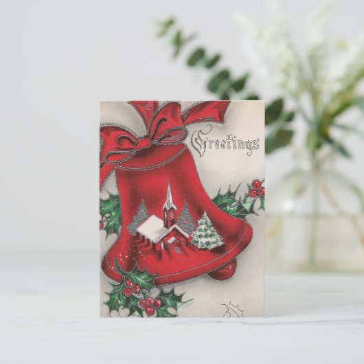 Vintage kerstbel Holly Church briefkaart (Staand voorkant)