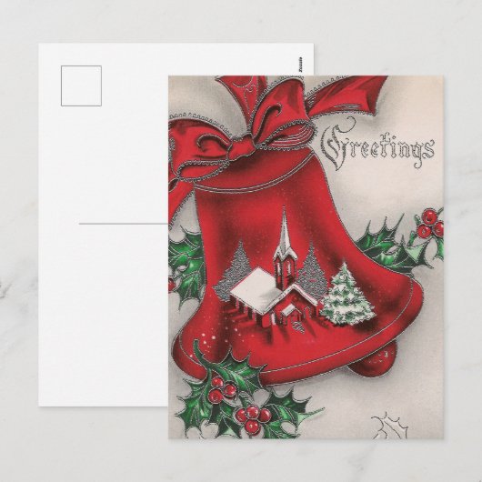 Vintage kerstbel Holly Church briefkaart (Voorkant / Achterkant)