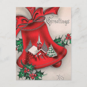 Vintage kerstbel Holly Church briefkaart