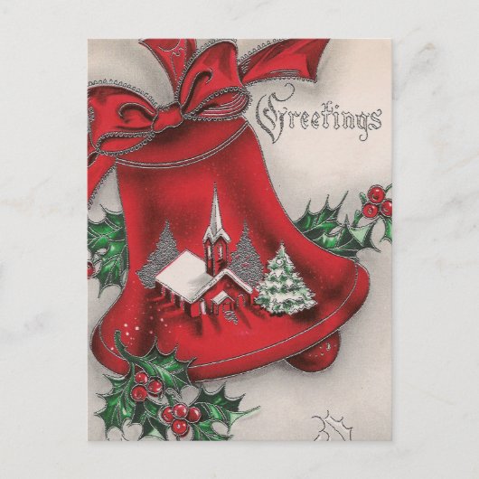 Vintage kerstbel Holly Church briefkaart (Voorkant)