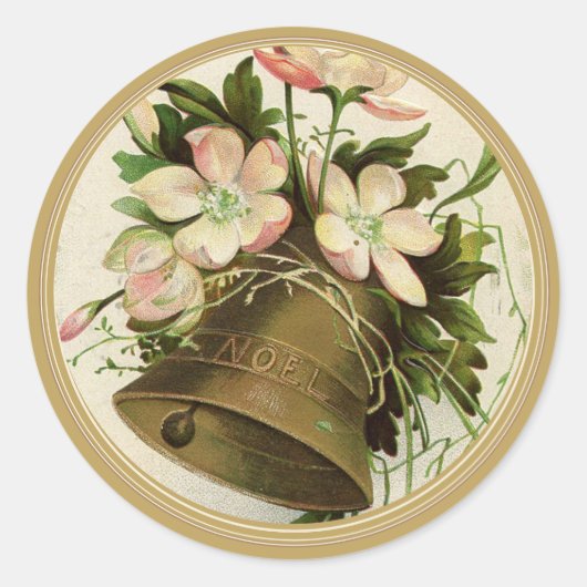 Vintage kerstbel (roze bloemig) goud ronde sticker (Voorkant)
