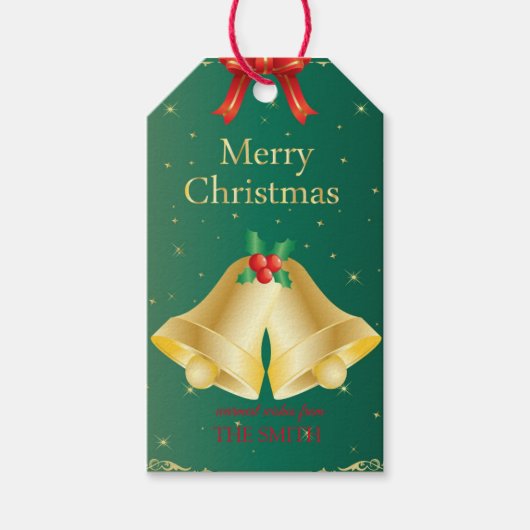 Vintage kerstbellen en rode linten cadeaulabel (Voorkant)