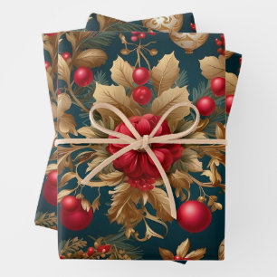 Vintage Kerstbessen, Ornamenten, takken Inpakpapier Vel