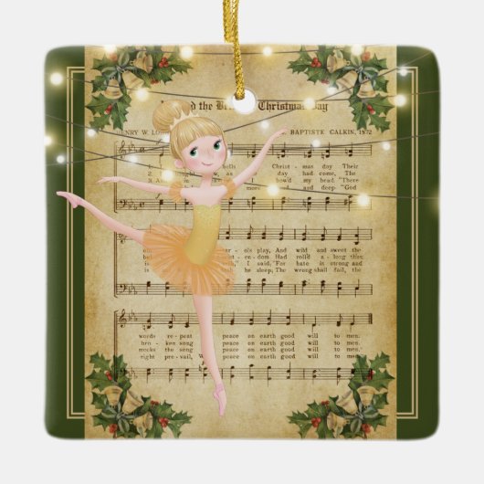 Vintage kerstblad Music en Ballerina Keramisch Ornament (Voorkant)