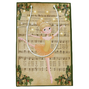 Vintage kerstblad Music en Ballerina Medium Cadeauzakje