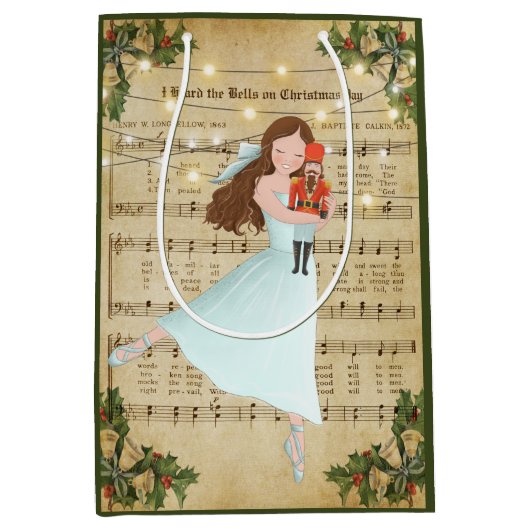 Vintage kerstblad Music en Ballerina Medium Cadeauzakje (Voorkant)
