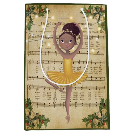 Vintage kerstblad Music en Ballerina Medium Cadeauzakje (Voorkant)