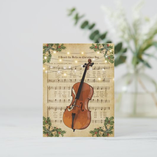 Vintage kerstblad Music en Cello Briefkaart (Staand voorkant)