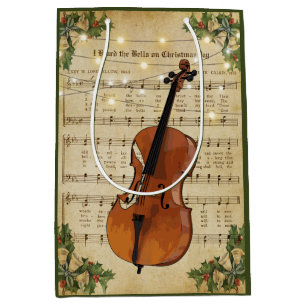 Vintage kerstblad Music en Cello Medium Cadeauzakje