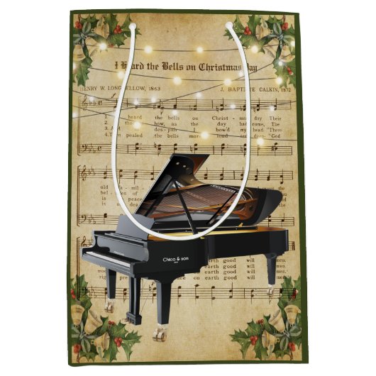 Vintage kerstblad Music en Grand Piano Medium Cadeauzakje (Voorkant)