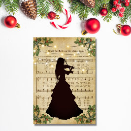 Vintage kerstblad Music Girl en Violin Feestdagen Kaart
