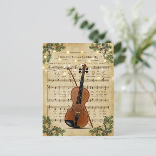 Vintage kerstblad Muziek en Violin Briefkaart (Staand voorkant)