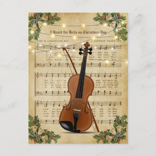 Vintage kerstblad Muziek en Violin Briefkaart (Voorkant)