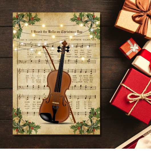 Vintage kerstblad Muziek en Violin Feestdagen Kaart