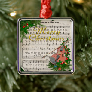 Vintage kerstblad muziek met feestelijk geweld metalen ornament