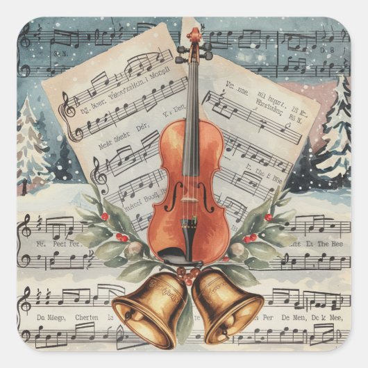 Vintage kerstbladmuziek met een viool vierkante sticker (Voorkant)