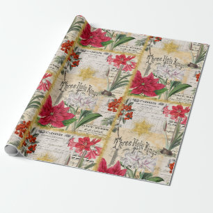 Vintage kerstbloemen Gold Holly en Ephemera Cadeaupapier