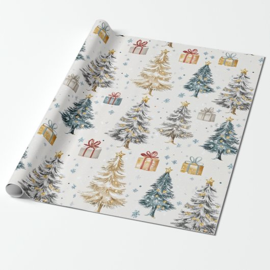 Vintage kerstbomen Elegant Cadeaupapier (Uitgerold)