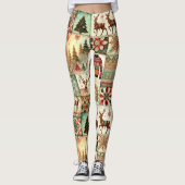 Vintage kerstbomen en rendieren patroon leggings (Voorkant)