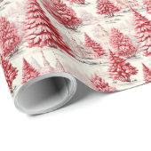 Vintage kerstbomen Toile de Jouy Roze & Rood Cadeaupapier (Rol Hoek)