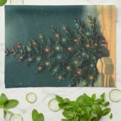 Vintage kerstboom bij nacht met licht theedoek (Gevouwen)