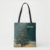 Vintage kerstboom bij nacht met licht tote bag (Voorkant)