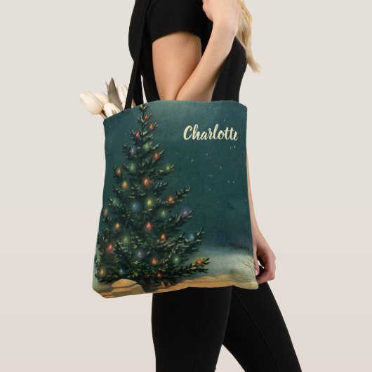 Vintage kerstboom bij nacht met licht tote bag (Dichtbij)