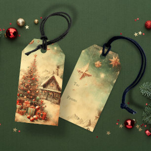 Vintage kerstboom cadeaulabel