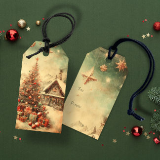 Vintage kerstboom cadeaulabel