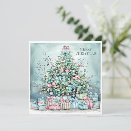Vintage kerstboom Cadeaus blauw roze Feestdagenkaart (Staand voorkant)