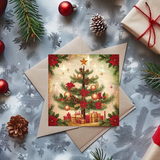 Vintage kerstboom en cadeaus feestdagenkaart