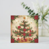 Vintage kerstboom en cadeaus feestdagenkaart (Staand voorkant)