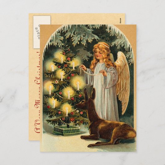 Vintage Kerstboom en Engel Feestdagenkaart (Voorkant / Achterkant)