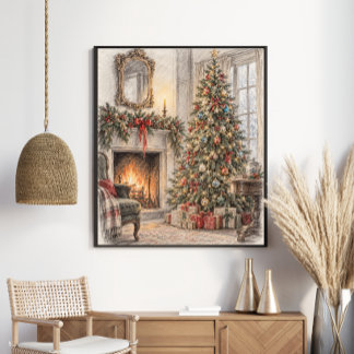 Vintage Kerstboom- en Haardkunst Poster