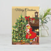 Vintage kerstboom en meisje vakantie flat Kaart (Staand voorkant)