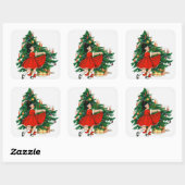 Vintage kerstboom en meisje vierkante sticker (Vel)