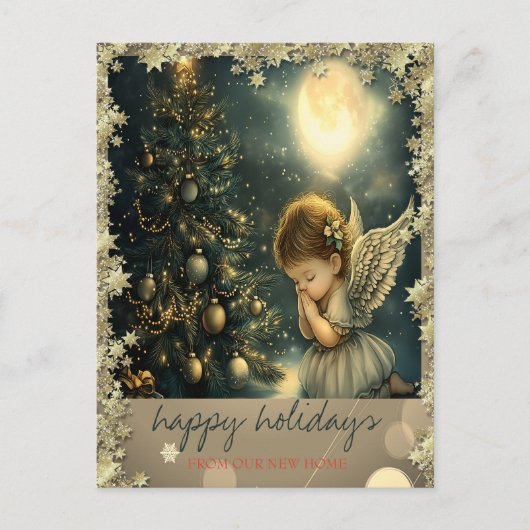 Vintage kerstboom engel sterren aankondigingskaart (Voorkant)
