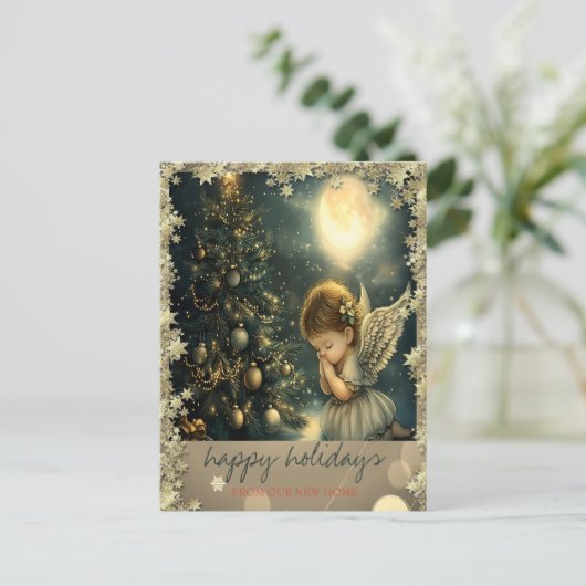 Vintage kerstboom engel sterren aankondigingskaart (Staand voorkant)
