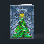 Vintage kerstboom Glas in lood Feestdagen Kaart<br><div class="desc">Deze prachtige 5" x 7" gevouwen kerststerren zijn voorzien van een handgemaakt waterverf glas-in-lood ontwerp met een kerstboom met een gouden wenskaart met rode ornamenten met een achtergrond in de tinten blauw. De bewerkbare begroeting is "Vrolijk." De achterkant heeft de bewerkbare boodschap, "Wishing you peace, love and joy this holiday...</div>