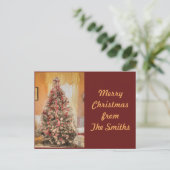 Vintage kerstboom in Classic Crimson Red Trim Feestdagenkaart (Staand voorkant)