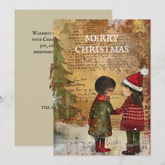 Vintage Kerstboom Kinderen Sneeuw Feestdagenkaart (Voorkant / Achterkant)