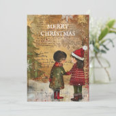 Vintage Kerstboom Kinderen Sneeuw Feestdagenkaart (Staand voorkant)