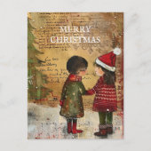 Vintage Kerstboom Kinderen Sneeuw Feestdagenkaart (Voorkant)