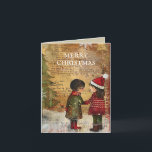 Vintage Kerstboom Kinderen Winter Sneeuw Feestdagen Kaart<br><div class="desc">Gevouwen vintage kerst wenskaart met het schilderij van twee kinderen staan in de sneeuw voor een kerstboom. Tekst zegt, "Vrolijk kerstfeest" maar is aanpasbaar voor uw eigen begroeting. Gepersonaliseerd op de achterkant met uw bericht en naam. Neem contact met mij op voor hulp bij uw maatwerk of om extra matching...</div>